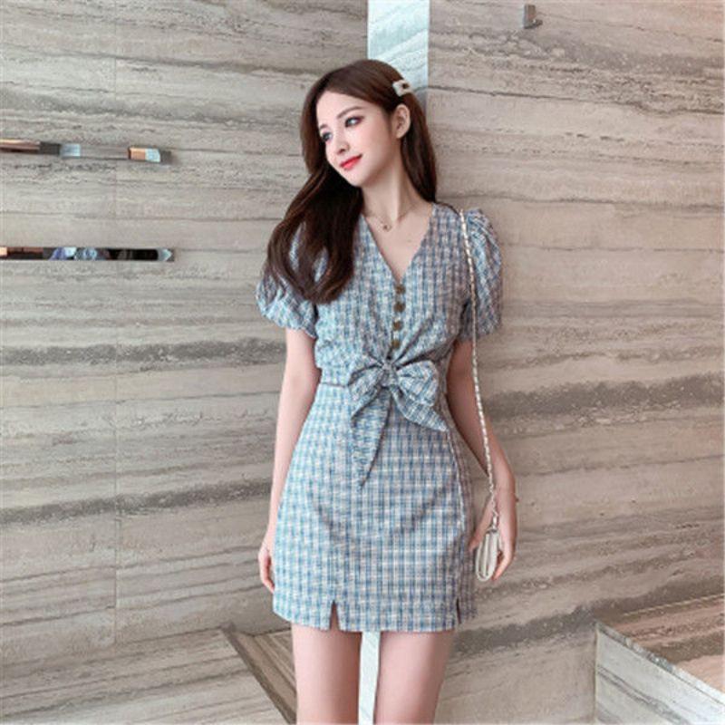SET ÁO THẮT NƠ EO + CHÂN VÁY KẺ CARO CÁCH ĐIỆU NỮ SINH