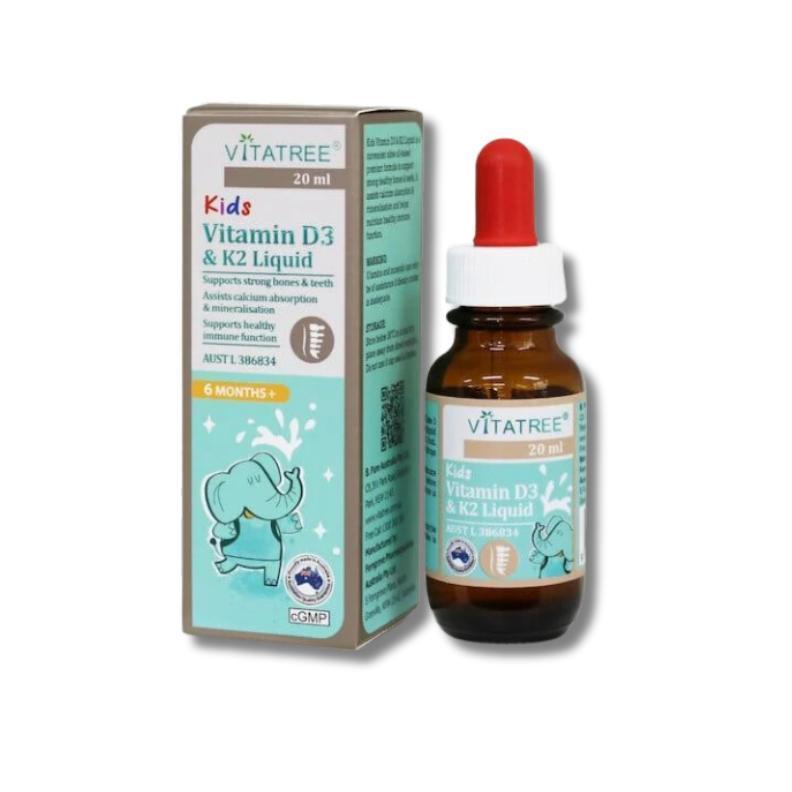 Tinh chất D3 K2 hỗ trợ hấp thu canxi cho trẻ Vitatree Kids Vitamin D3 &amp; K2 Liquid 20ml