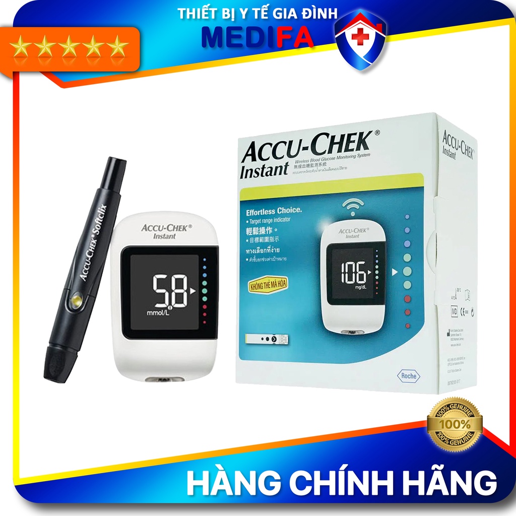 Máy đo đường huyết Accu Chek Instant cho kết quả nhanh, chính xác, có bút chích máu SoftClix đi kèm (CHƯA CÓ QUE THỬ)