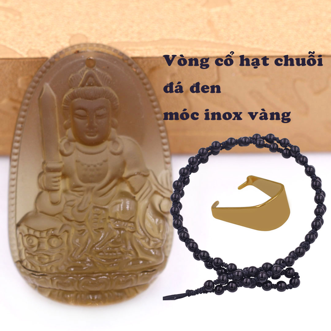 Mặt Phật Văn thù đá obsidian ( thạch anh khói ) 5 cm kèm vòng cổ hạt chuỗi đá đen - mặt dây chuyền size lớn - size L, Mặt Phật bản mệnh