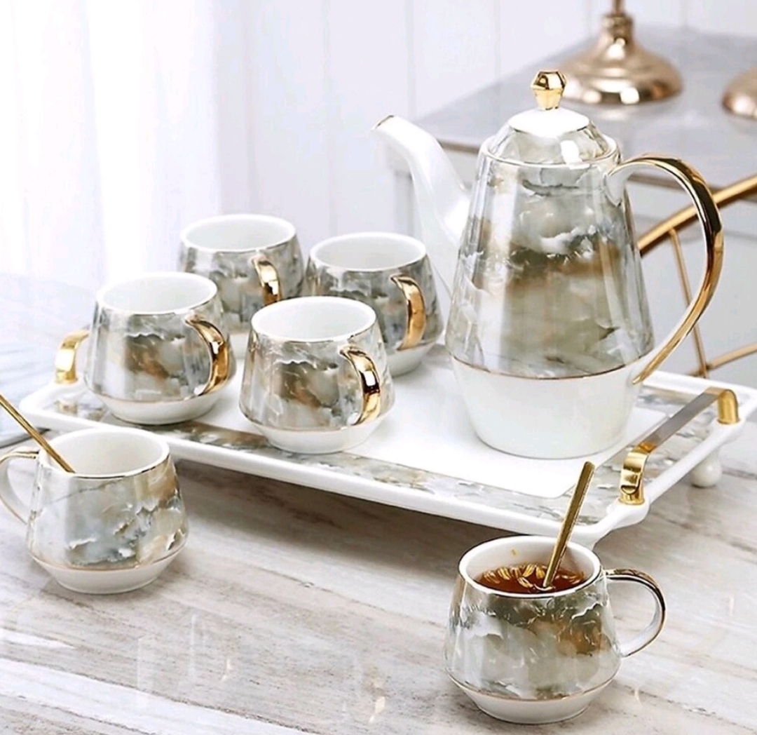 Bộ ấm chén sứ vân đá cẩm thạch cao cấp phong cách châu Âu