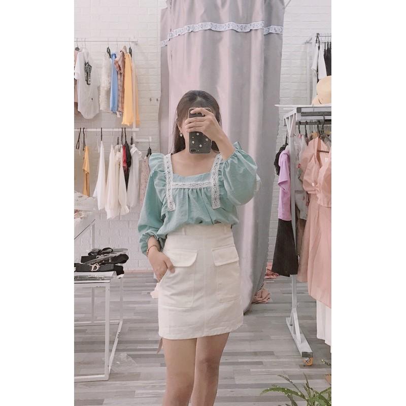 Áo sơ mi cổ vuông phối ren vai bèo