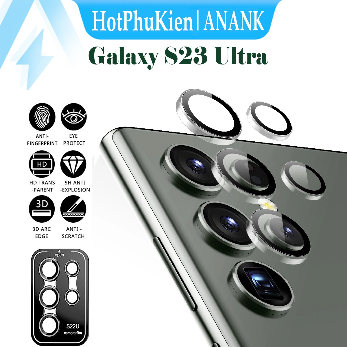 Tấm dán kính cường lực Camera cho Samsung Galaxy S23 Ultra hiệu ANANK - công nghệ kế dính tự động, mặt kính AGC sắc nét với độ cứng 9H, trang bị khung tự dán dễ dàng tự dán ở nhà - Hàng nhập khẩu