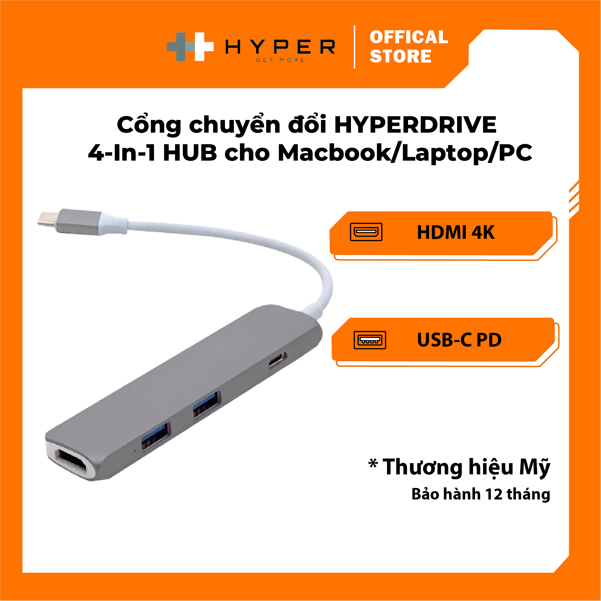 Cổng chuyển HyperDrive 4-in-1 USB-C Hub with 4K HDMI (GN22B) - Hàng chính hãng