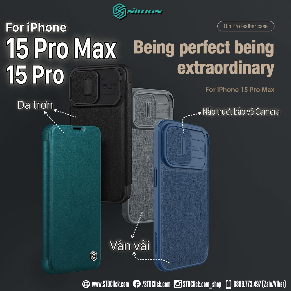 BAO DA DÀNH CHO ĐIỆN THOẠI IPHONE 15 PRO MAX - 15 PRO NILLKIN QIN PRO plain leather + cloth BẢO VỆ CAMERA