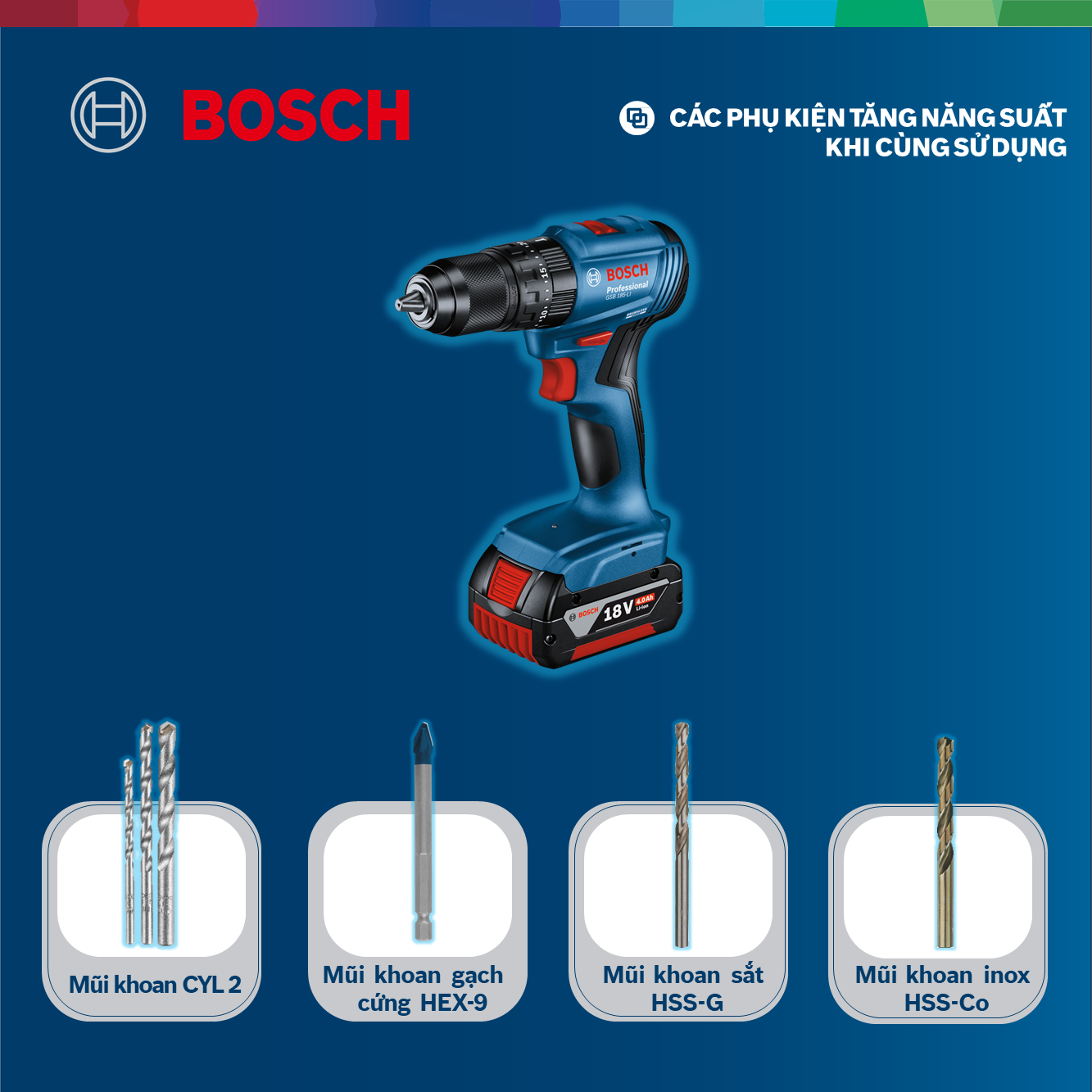 Máy khoan động lực dùng pin Bosch GSB 185-LI và Phụ kiện