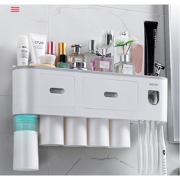 Bộ Nhả Kem 5 Cốc Treo Bàn Chải Đánh Răng Dán Tường Siêu Chắc