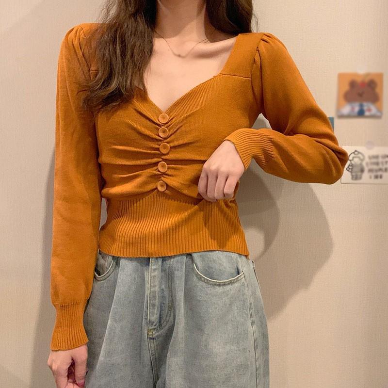 Áo Thun Dệt Kim Tay Dài Thiết Kế Cổ Chữ V Màu Trơn Thanh Lịch