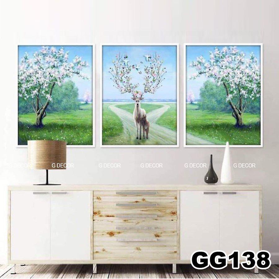 Tranh treo tường canvas 3 bức phong cách hiện đại Bắc Âu 215, tranh hươu trang trí phòng khách, phòng ngủ, phòng ăn, spa