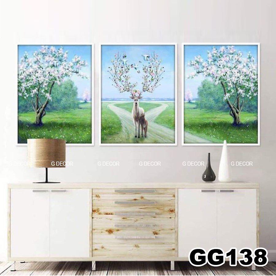 Tranh treo tường canvas 3 bức phong cách hiện đại Bắc Âu 11, tranh hươu trang trí phòng khách, phòng ngủ, phòng ăn, spa