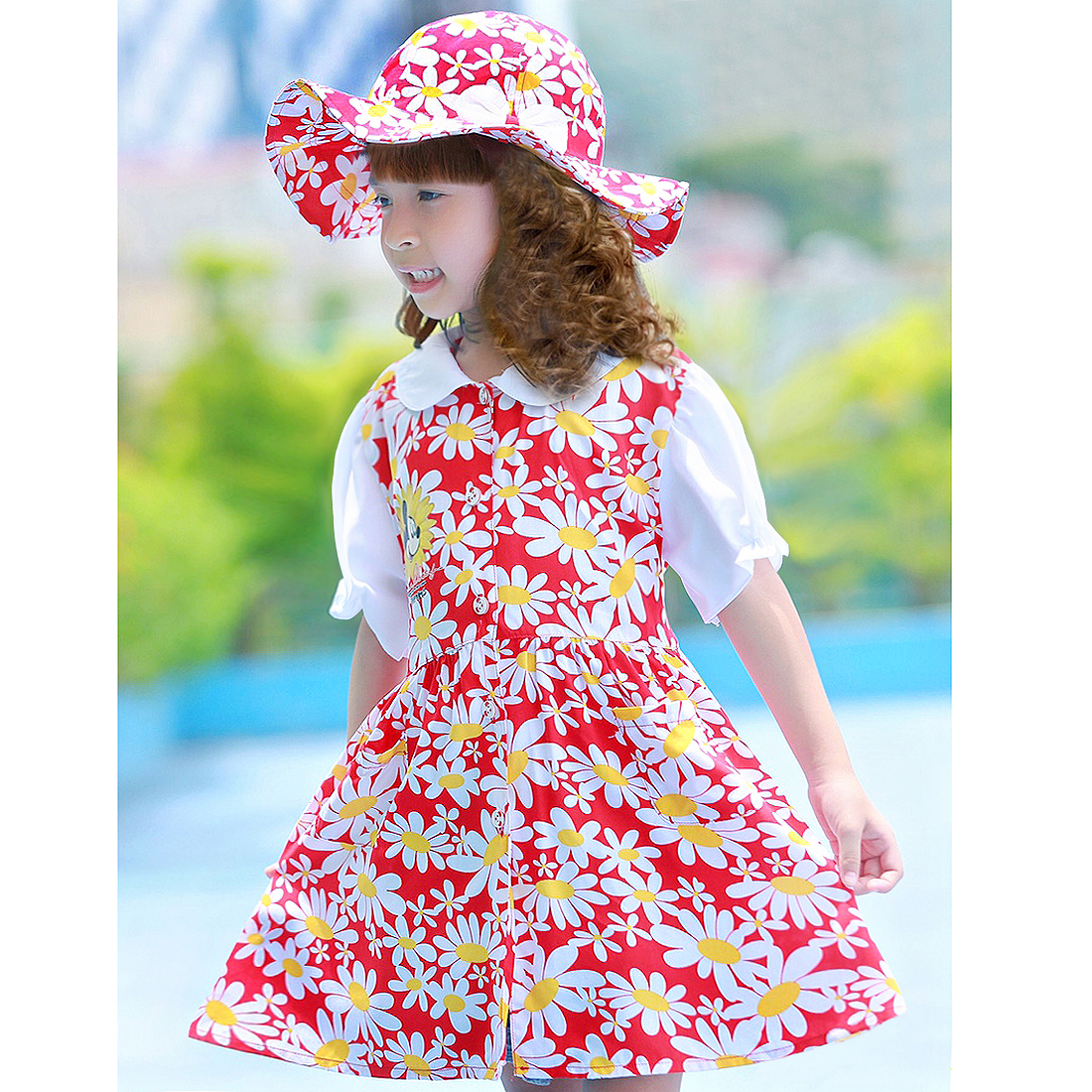 Bộ váy kèm mũ trẻ em hoa cúc màu đỏ EK-07
