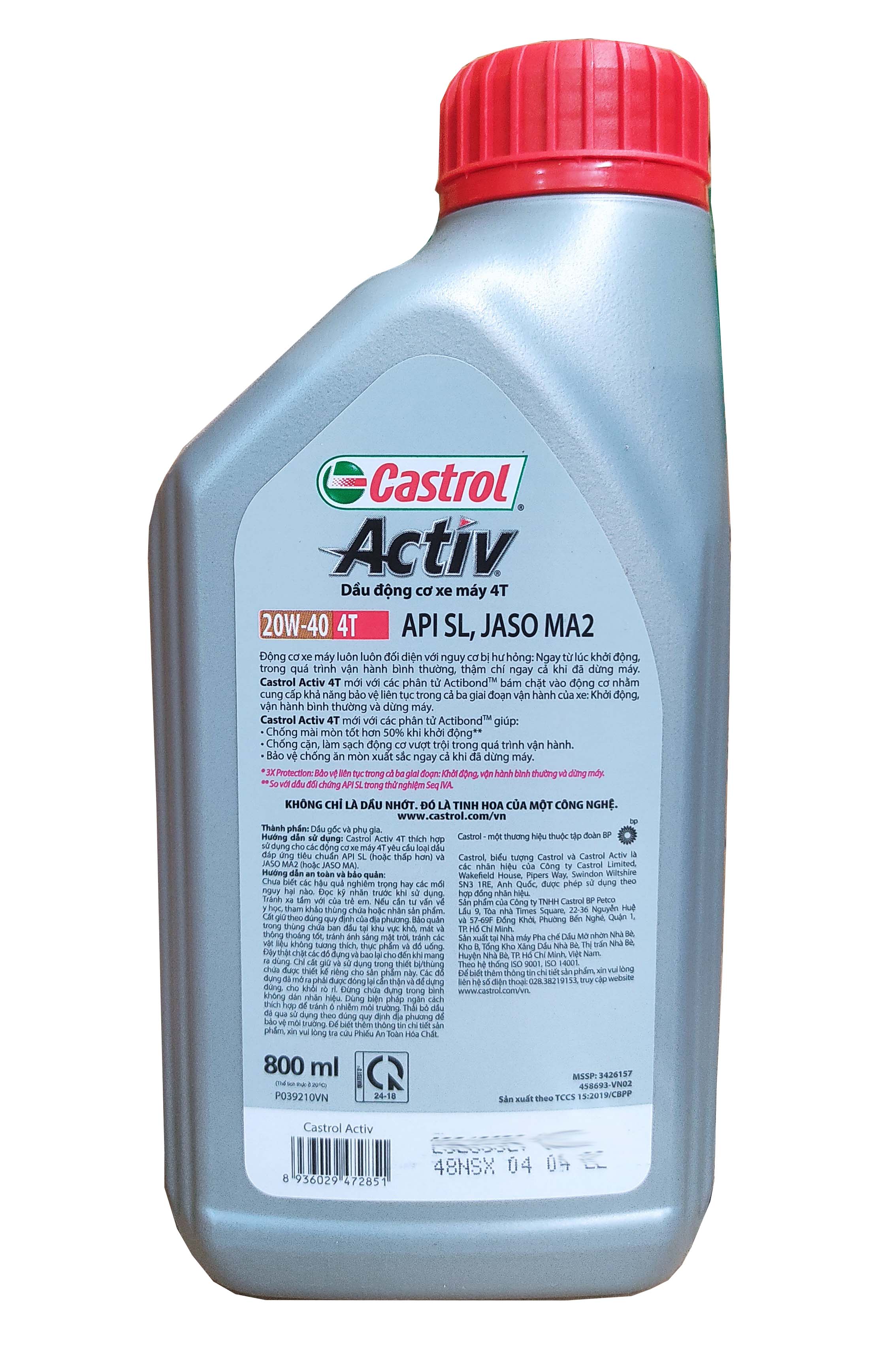 Dầu động cơ xe số Castrol Activ 4T, 20W-40, 0,8L (800ML)