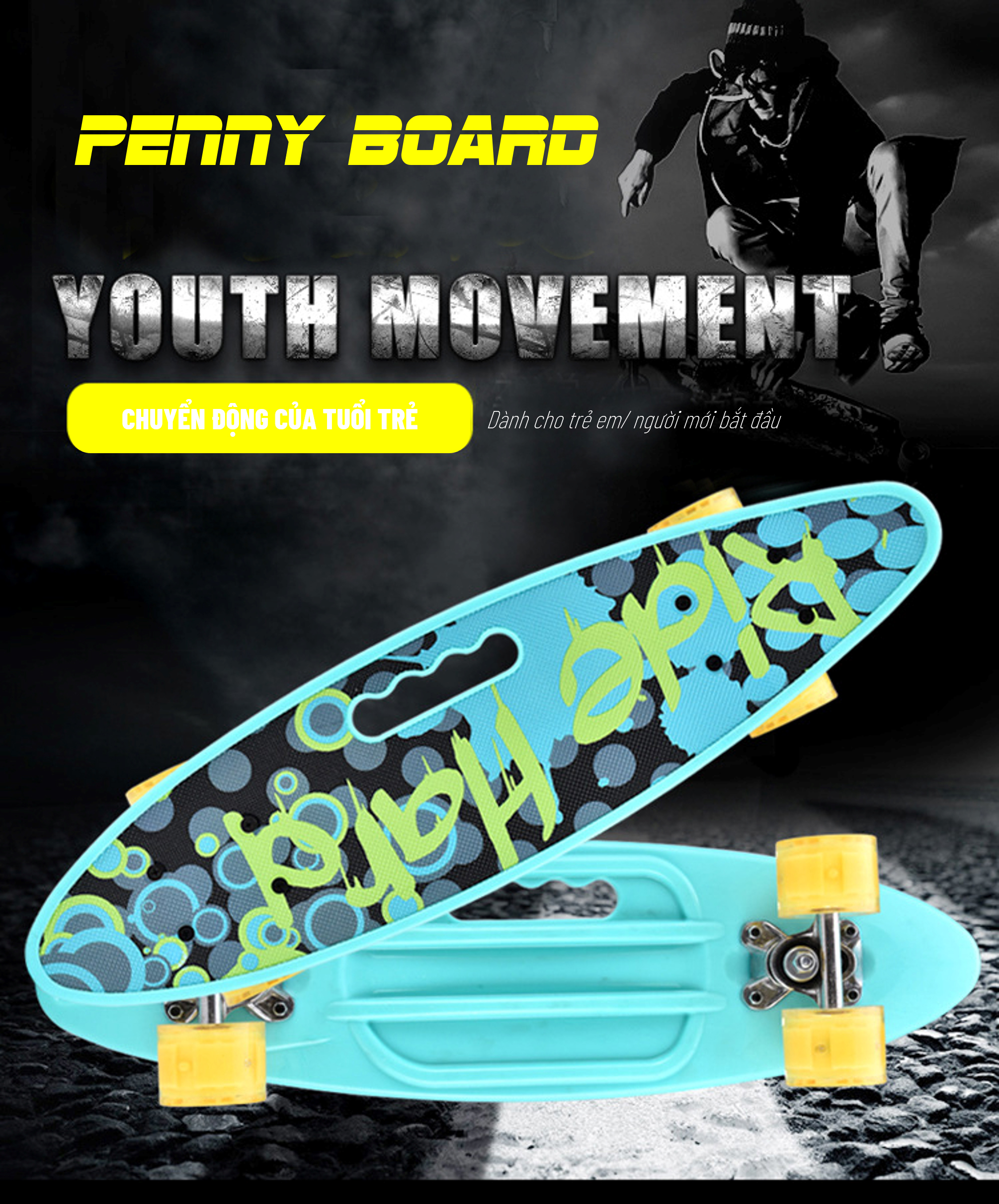 Ván Trượt Skateboard Penny - Có Tay Cầm - Trục Kim Loại To - Bánh Cao Su Có Đèn Led (Kích Thước 56 x 10 x 13 cm)