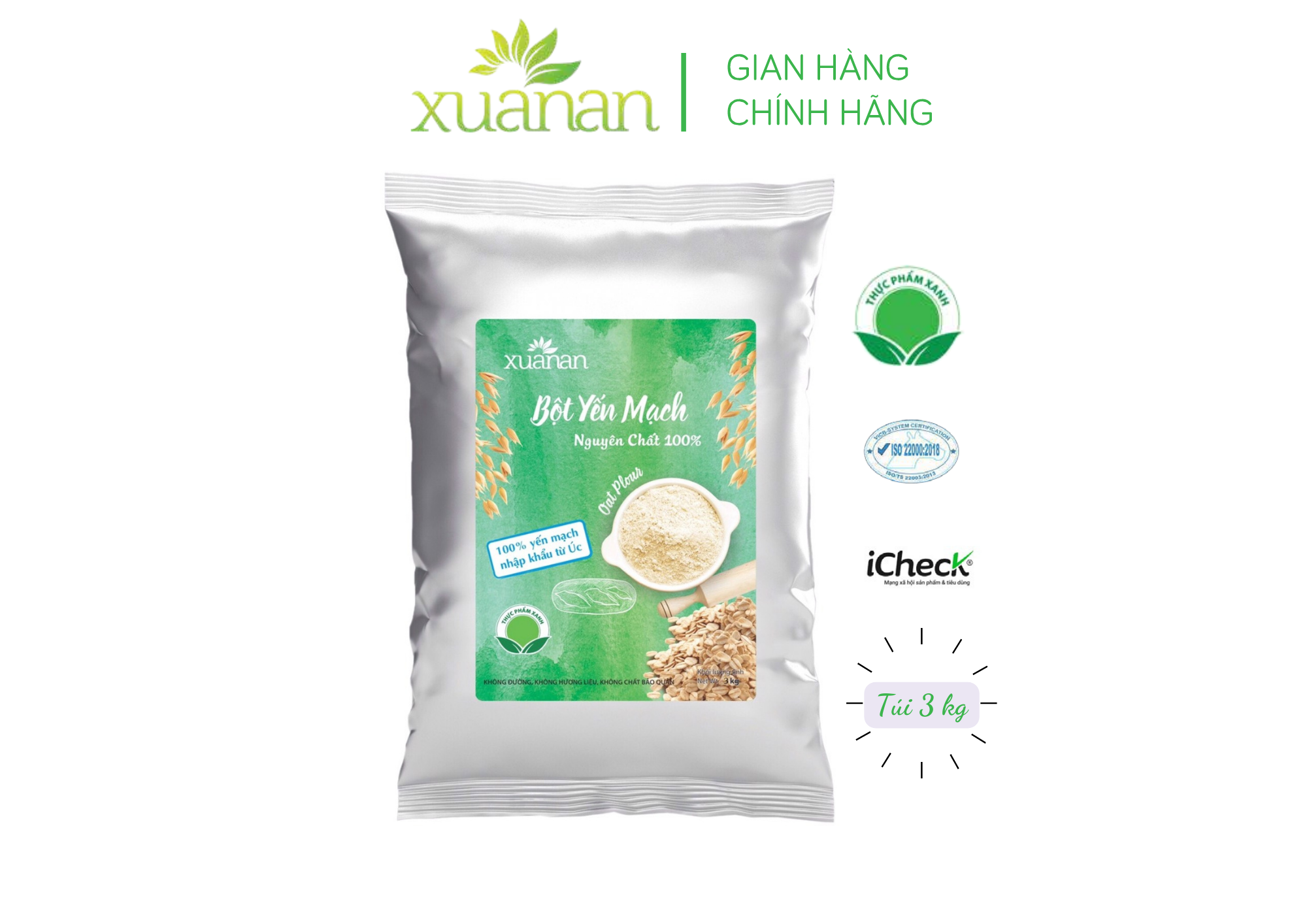 Bột Yến Mạch Nguyên Chất 100% Xuân An Túi 3Kg