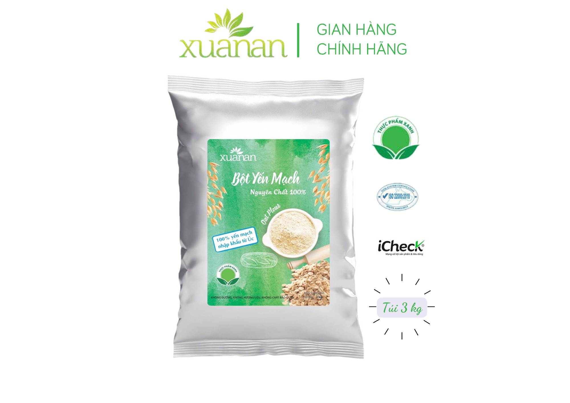 Bột Yến Mạch Nguyên Chất 100% Xuân An [ko đường] Túi 3Kg (Giảm 25%)