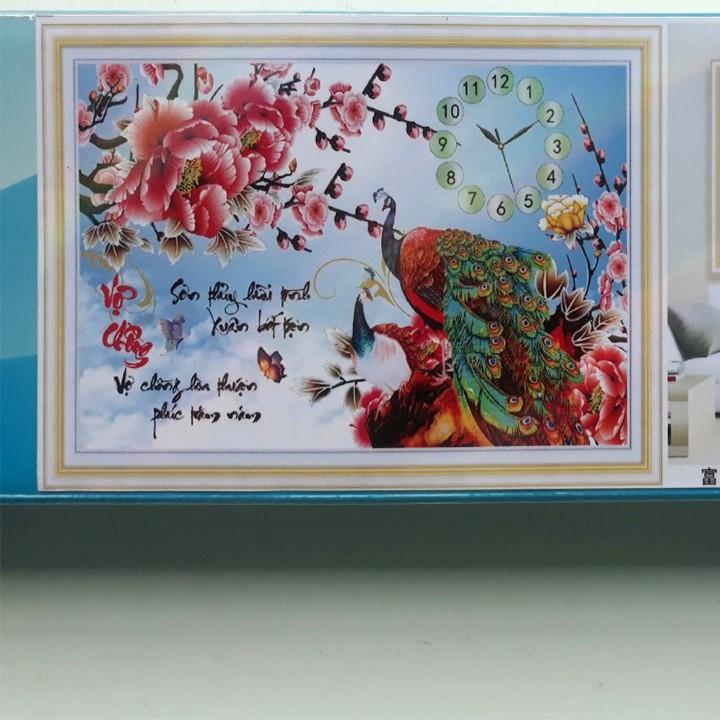 Tranh đá vợ chồng công xanh đồng hồ YN5544 - kích thước: 90 * 60cm.