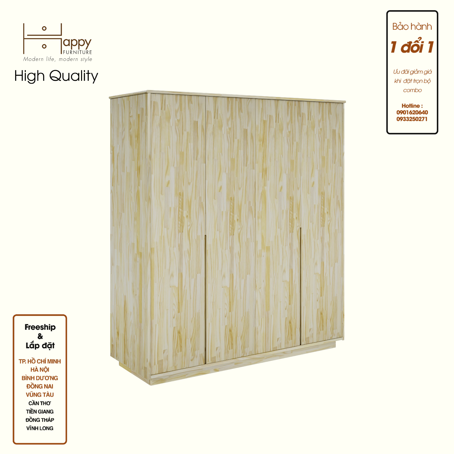 HAPPY FURNITURE , gỗ tự nhiên , Tủ quần áo 4 cửa mở - GALI , TCM_192 , 160cm x 54cm x 176cm
