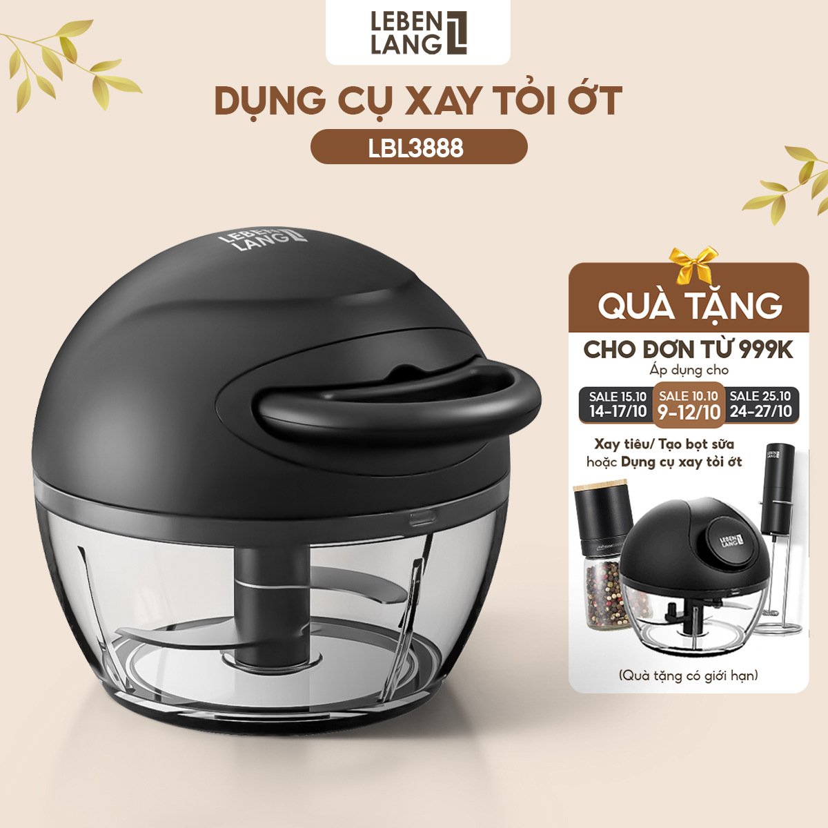 Dụng cụ xay tỏi ớt, thực phẩm Lebenlang LBL3888 dung tích 170ml, lưỡi dao 3 cánh sắc bén, dây rút tiện lợi - hàng chính hãng