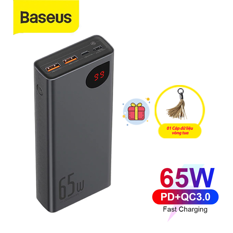 (Tặng cáp dữ liệu vòng tua USB-Lightning) Pin sạc dự phòng Baseus công suất 65W, dung lượng 20000mAh màn hình LED hiển thị, thiết kế vỏ kim loại sang trọng - phân phối chính hãng tại Baseus Việt Nam - Màu Đen