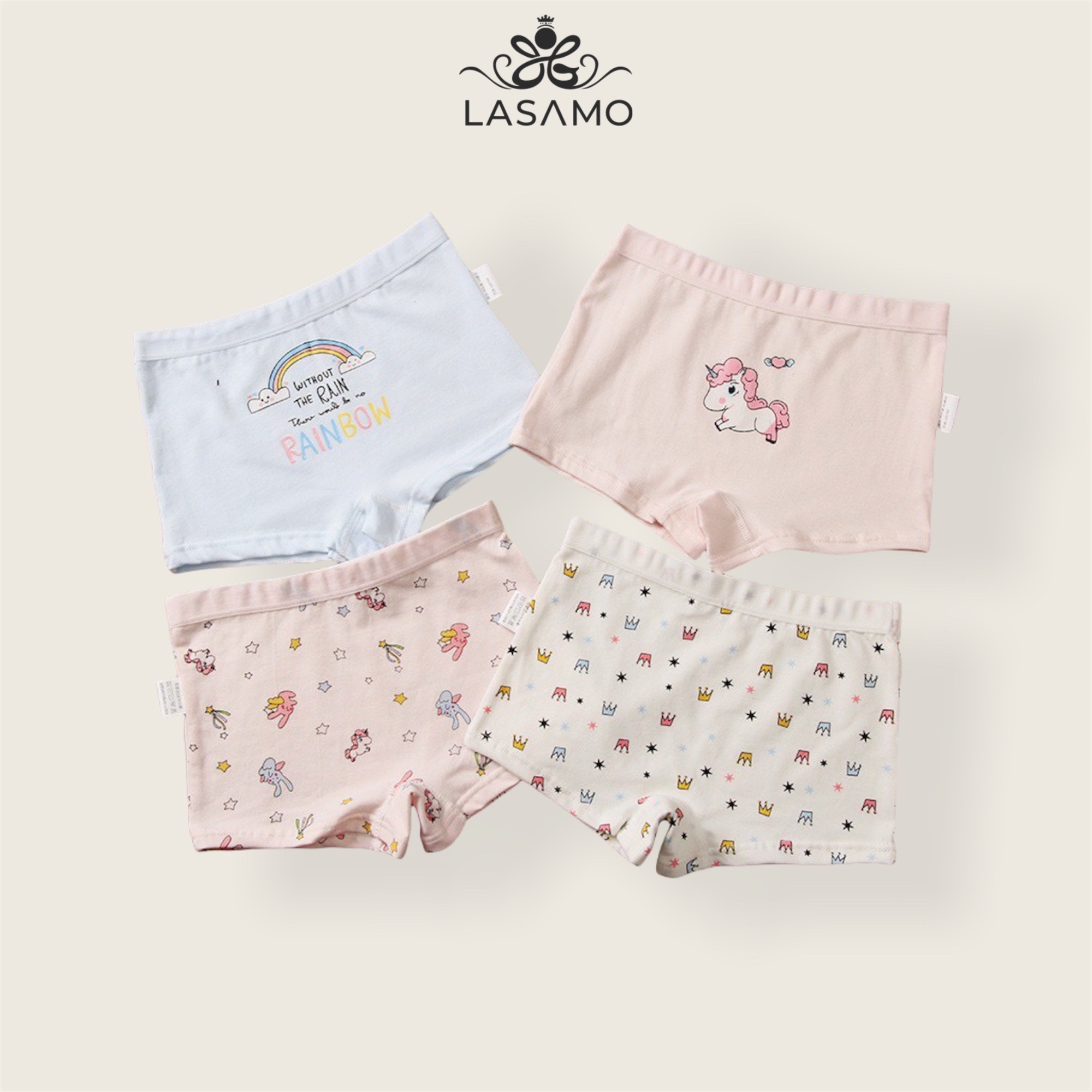 Set 4 chiếc quần chip bé gái, quần lót cho bé gái cotton cao cấp họa tiết Ngựa Pony dễ thương hãng LASAMO mã QLB003