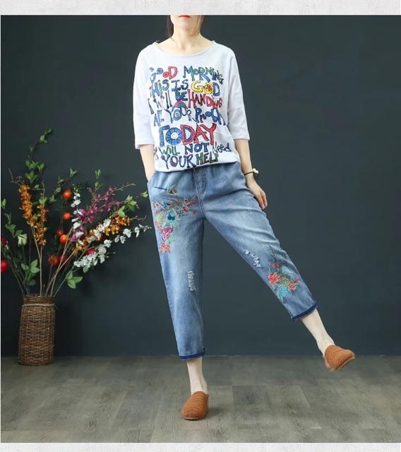 Quần bò thêu hoa cao cấp QB012