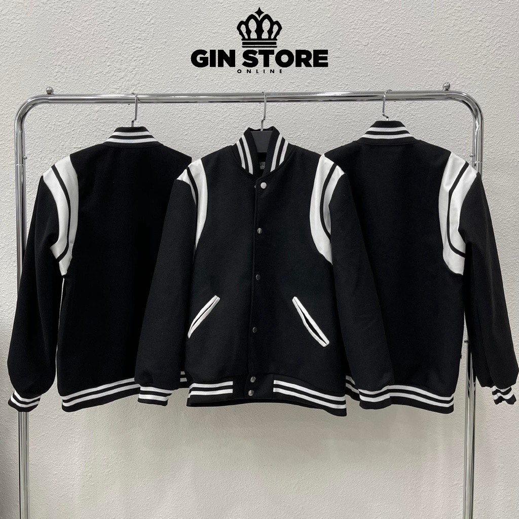 Bomber teddy tay phối da , varsity jacket nam nữ chất dạ 2 lớp , áo khoác bóng chày local brand unisex - Gin Store - M