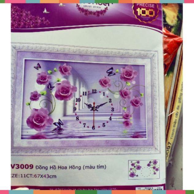 Tranh thêu Đồng hồ hoa tím kt 67*43cm