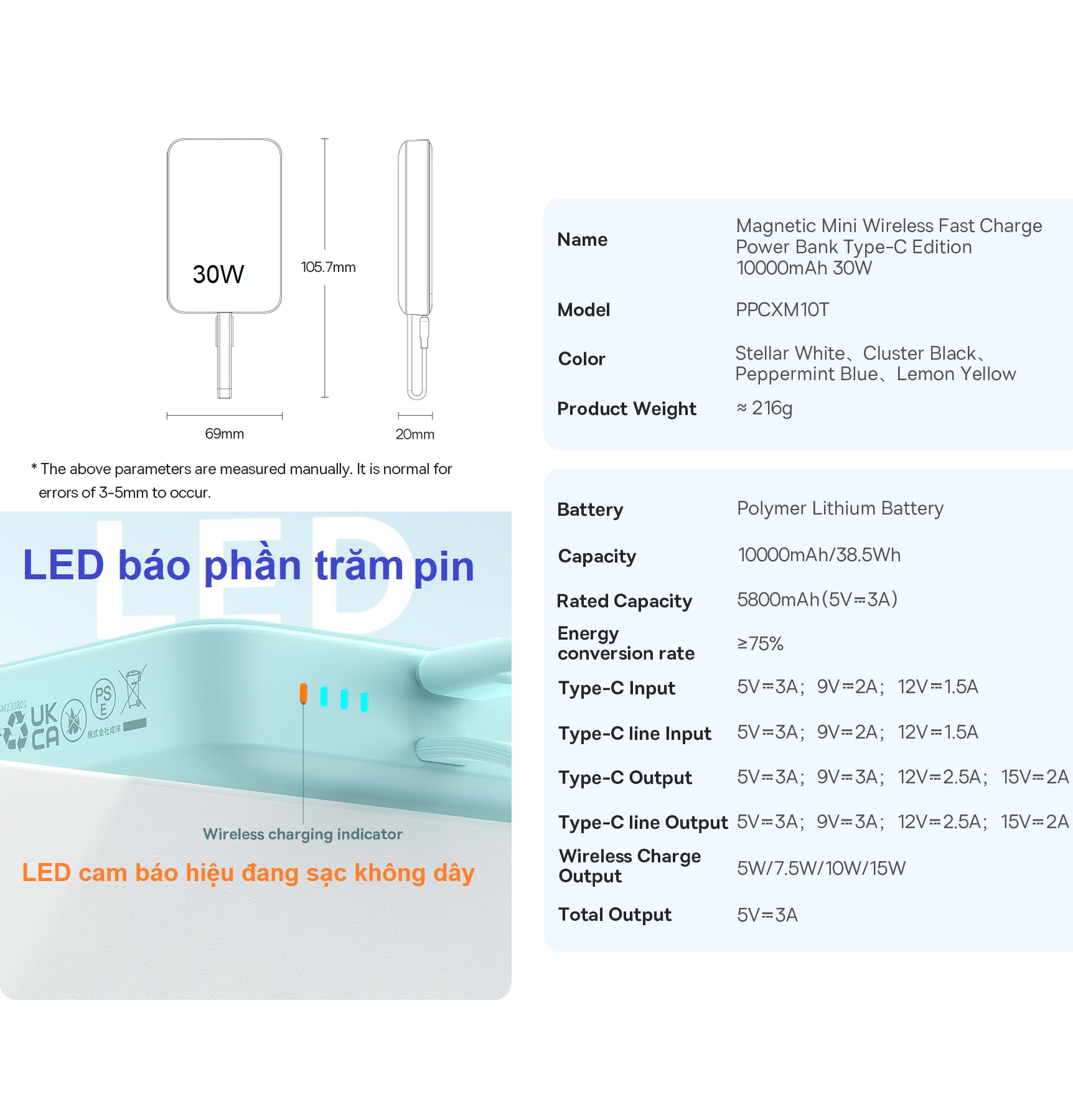 [30W - 10000mAh] Pin dự phòng không dây nam châm tích hợp cáp  C / ip hỗ trợ sạc nhanh Baseus PPCXM10T_ Hàng chính hãng