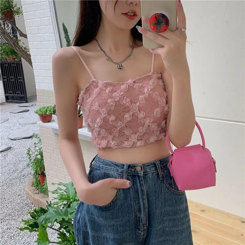 Áo hai dây nữ hoa hồng nổi đệm ngực chun lưng hàng QC
