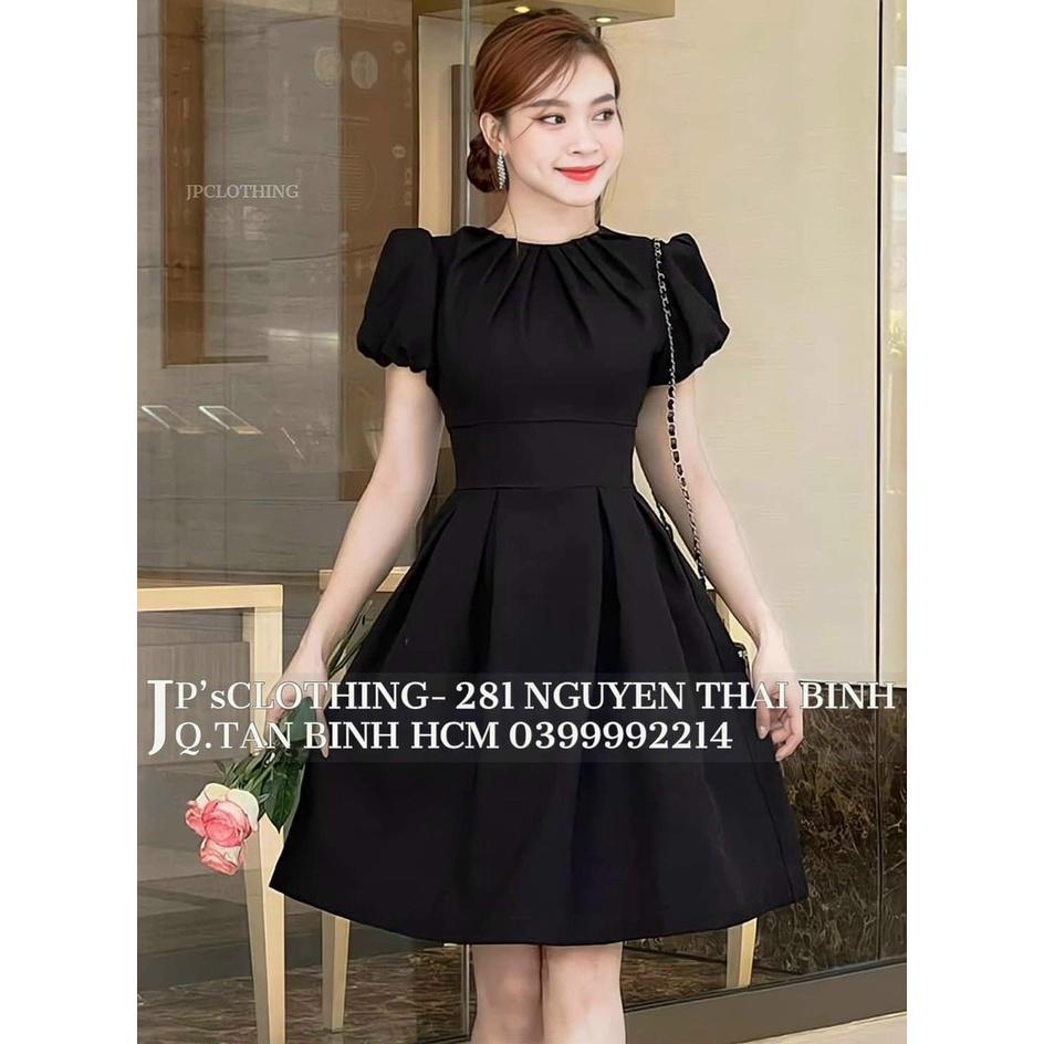 Đầm xoè tay phồng cổ tròn xếp ly