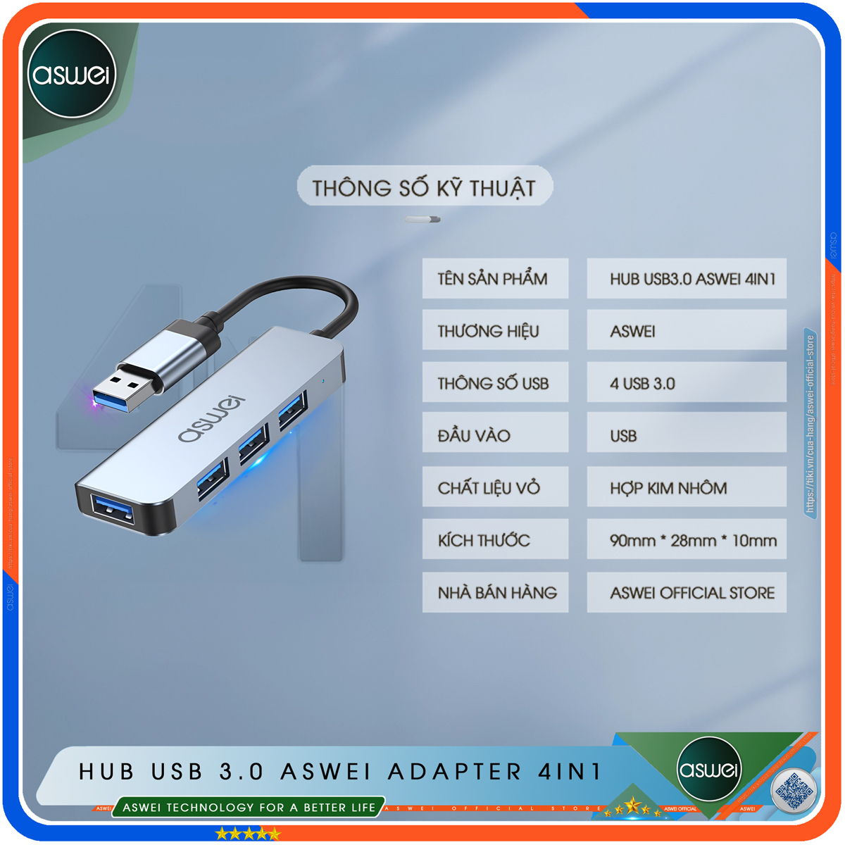 Hub USB Và Hub Type C ASWEI 4 in 1 To USB 3.0 - Cổng Chia USB, ổ Chia USB Tốc Độ Cao - Hub Chuyển Đổi USB Type-C Dành Cho Macbook, Laptop, PC, Máy Tính Bảng, Điện Thoại - Hàng Chính Hãng