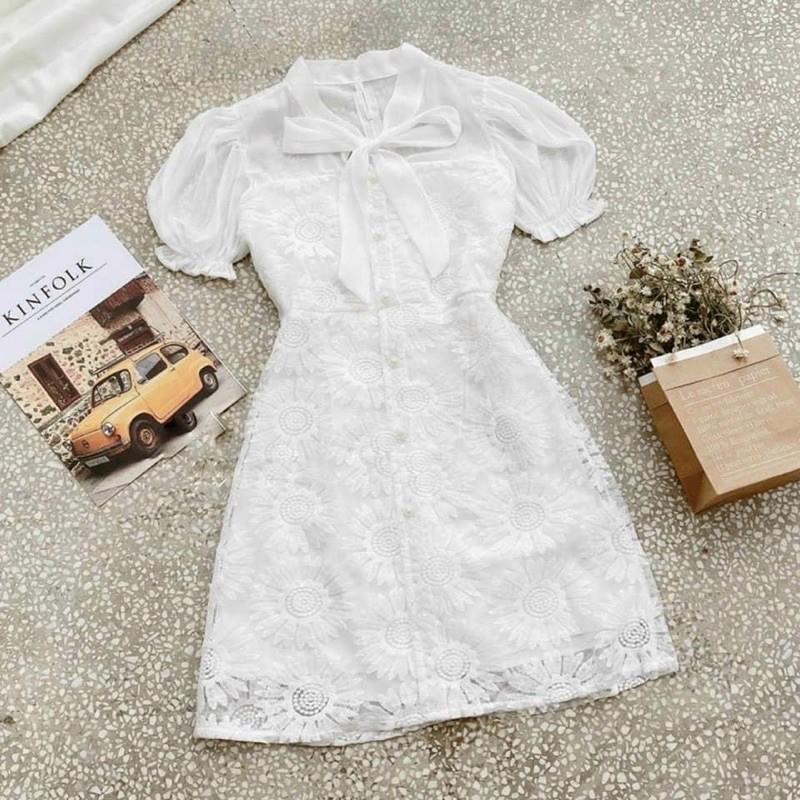 Đầm tay bồng ren phối voan cột nơ cổ đi chơi, đám cưới, du lịch TKN