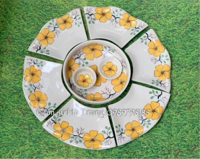 Set đĩa hoa mặt trời gốm sứ Bát Tràng cao cấp vẽ hoạ tiết hoa mai vàng