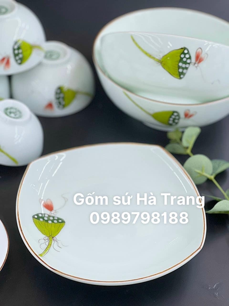 Bộ bát đĩa gốm sứ Bát Tràng cao cấp men ngọc vẽ chuồn ngự đài sen 01