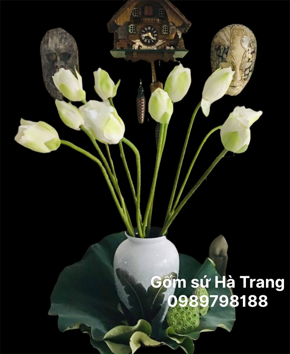 Lọ hoa dáng vò cao gốm sơn mài Bát Tràng cao cấp khảm bạc hoạ tiết lá chuối cao 30cm