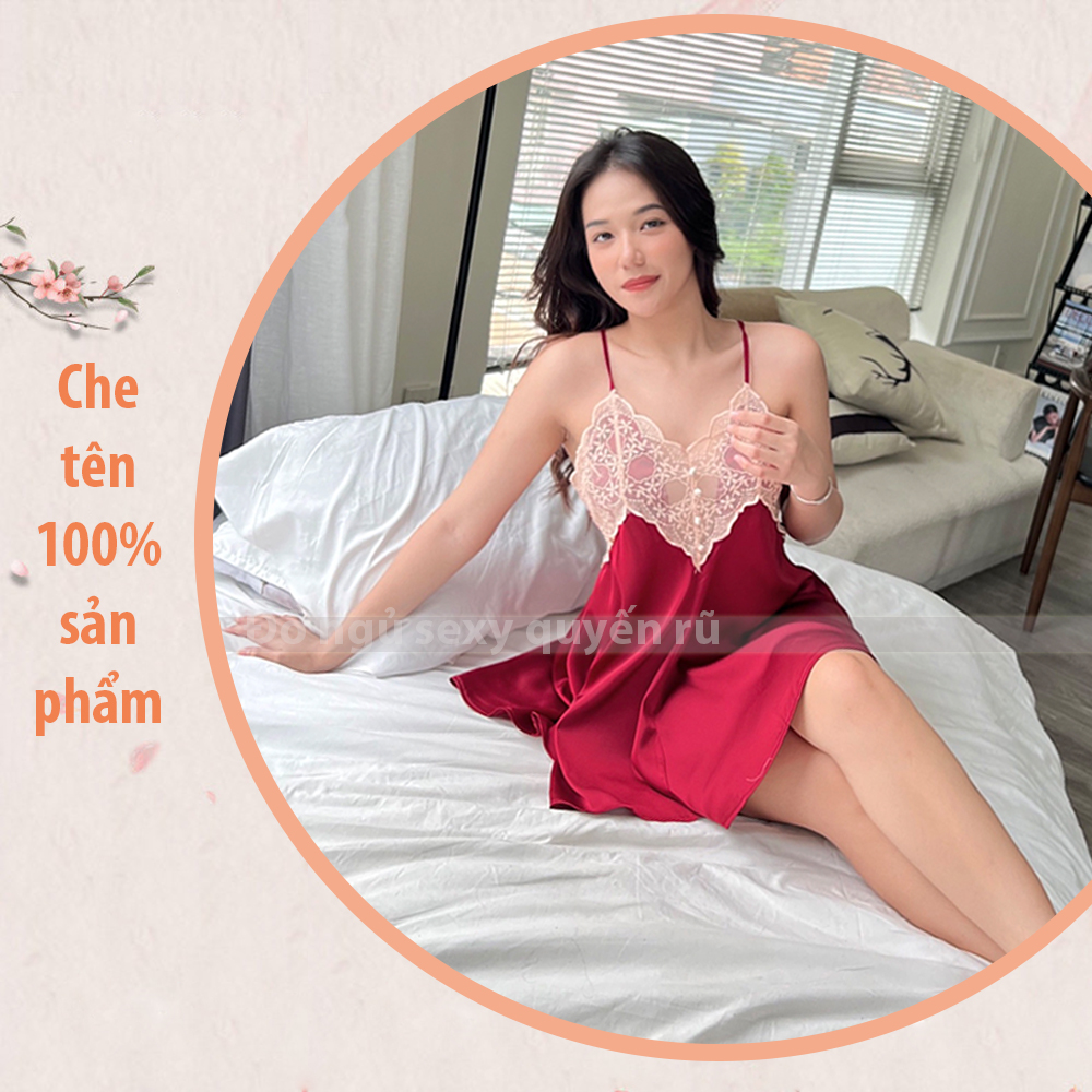 P30 Váy ngủ lụa hai dây chéo lưng phối ren sexy gợi cảm  - Đầm ngủ lụa phối ren quyến rũ - Đồ ngủ nữ sexy