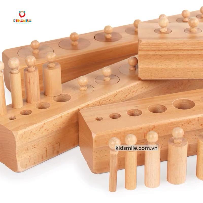 Giáo Cụ Montessori cơ bản thuộc lĩnh vực cảm quan gồm Bộ trụ có núm, không núm, thang nâu, tháp hồng