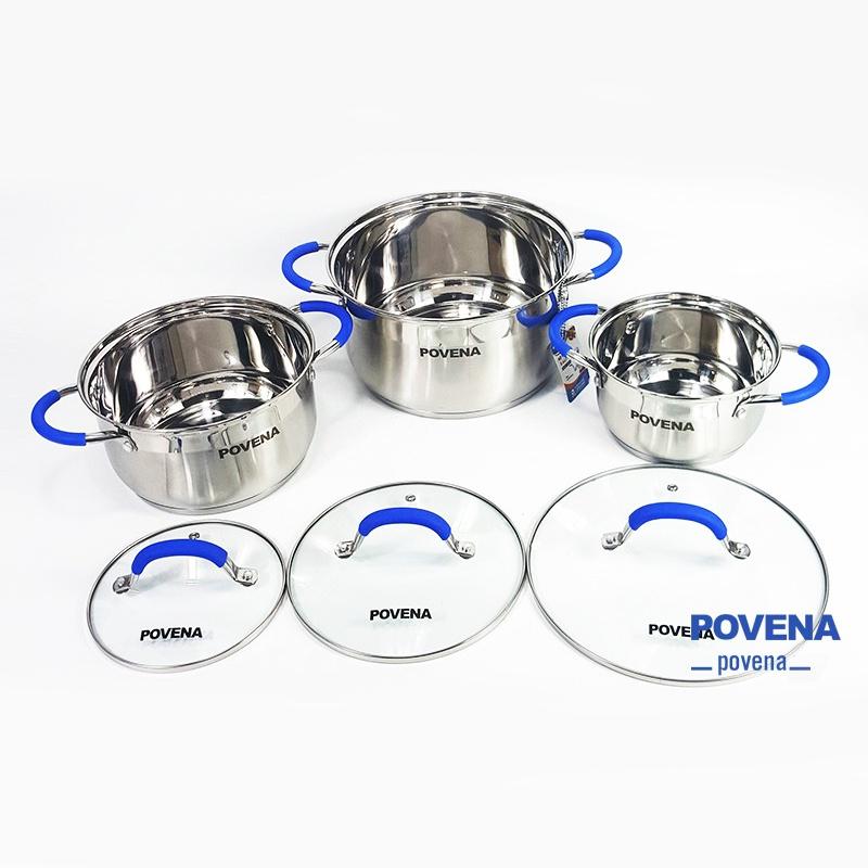 Bộ 3 nồi 5 đáy Inox Povena không bị nổi đáy, dùng được trên bếp ga, bếp hồng ngoại, bếp từ -Hàng Chính Hãng