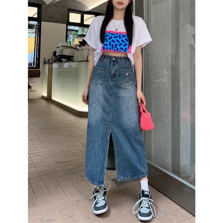 Chân váy jean denim EMIX, váy bò, dáng chữ A, lưng cao, xẻ tà, cạp cao, 2 túi trước 6818