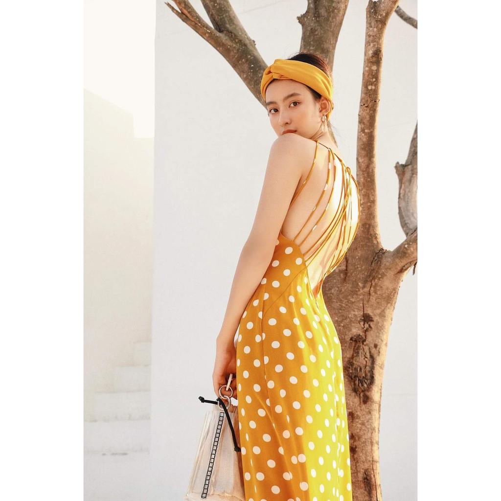 Đầm maxi chấm bi đi biển hở lưng, đan dây