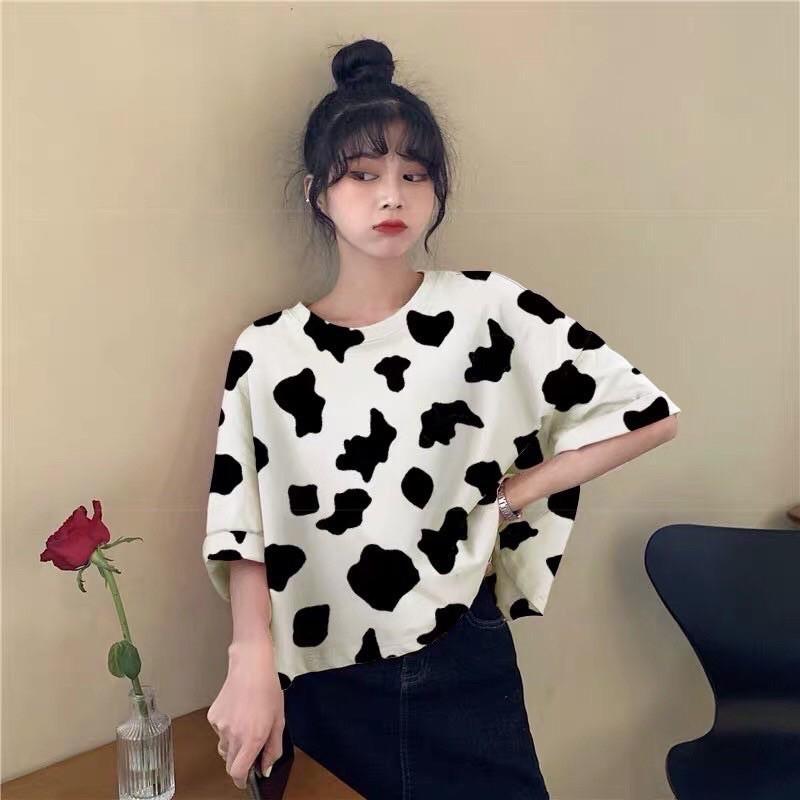 Áo thun cotton tay lỡ Unisex -- Loang Bò Sữa Dáng CROPTOP