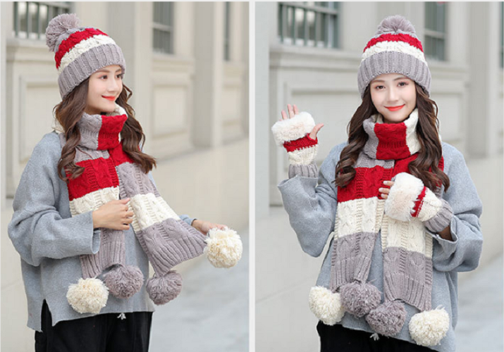 Bộ mũ len kèm khăn và găng tay lót nỉ cao cấp phong cách Hàn, sét nón len 3 món đầy đủ cho nữ