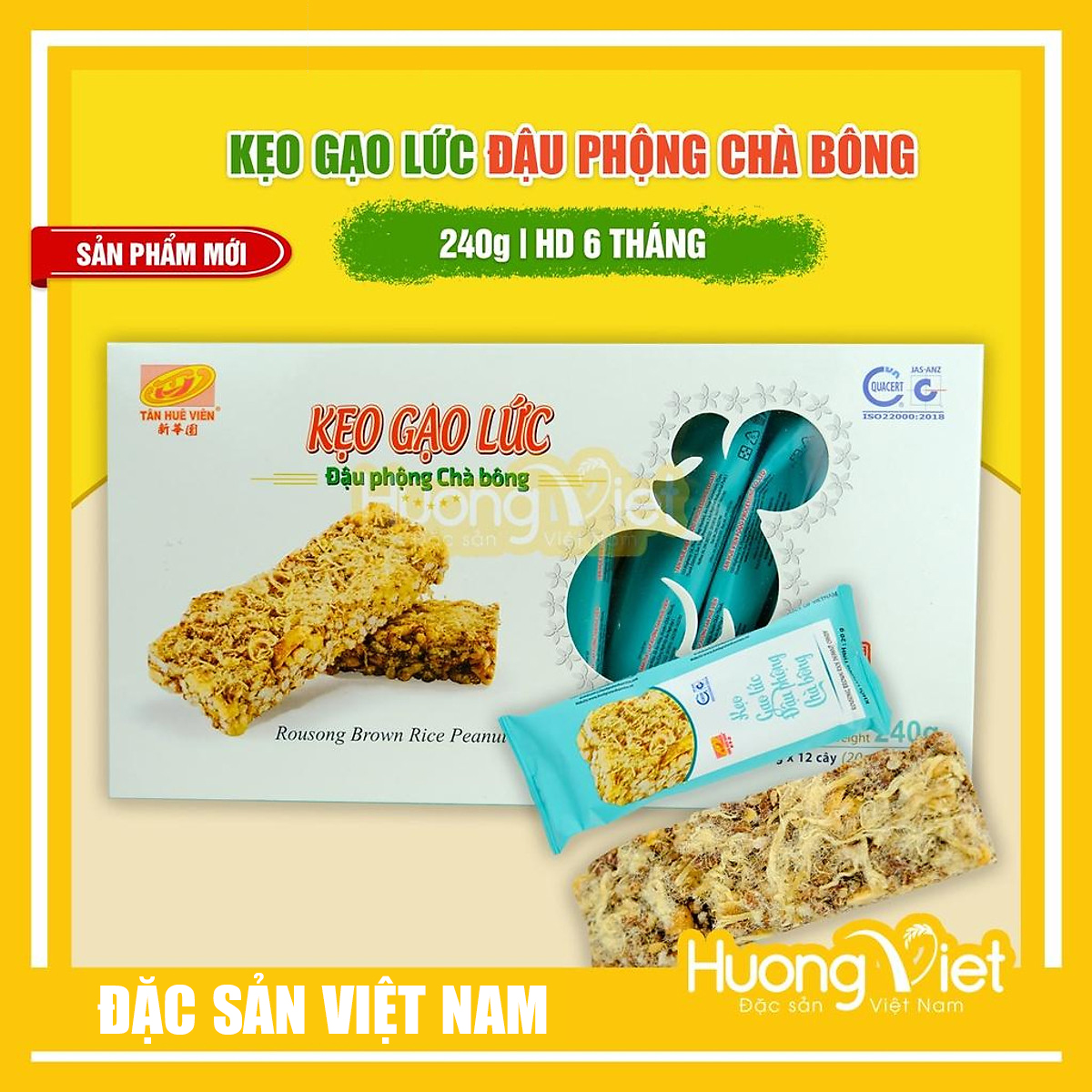 Thanh gạo lứt chà bông Tân Huê Viên 240g, kẹo gạo lức đậu phộng chà bông