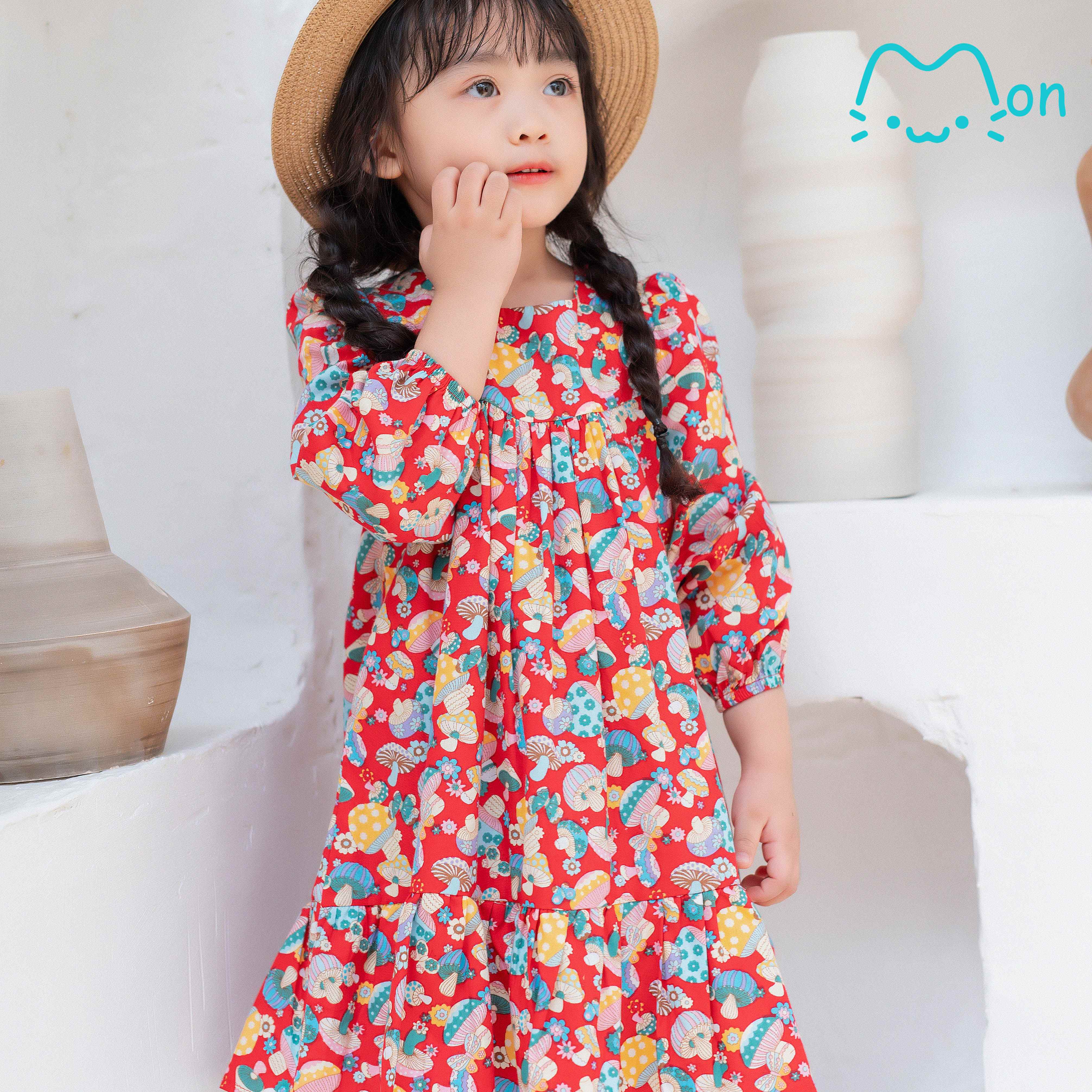 Váy Babydoll Cotton dài tay họa tiết cây nấm xinh xắn cho bé gái VL06, VL07