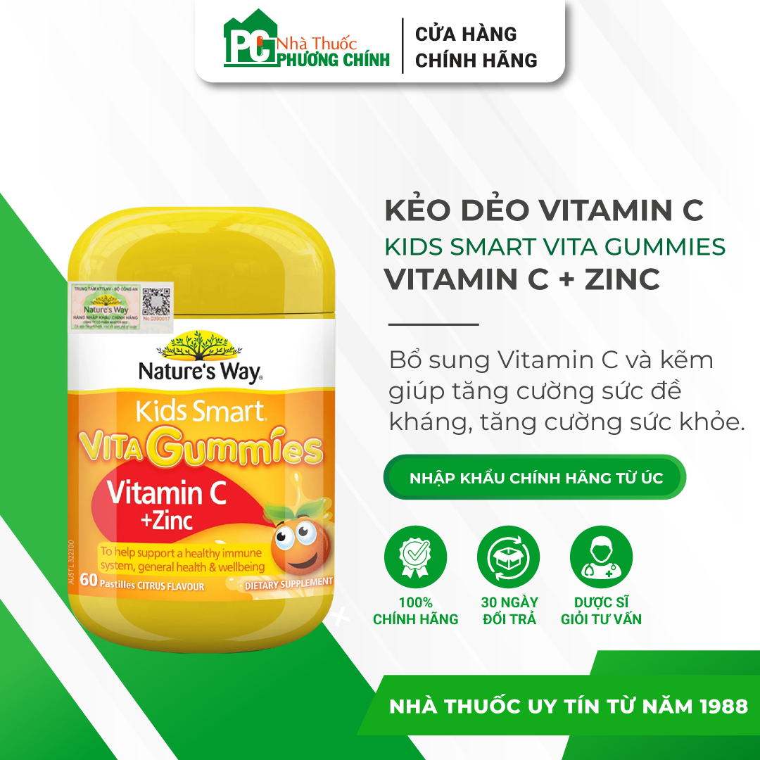 Kẹo Dẻo Kids Smart Vita Gummies Vitamin C + ZinC - Bổ Sung Kẽm &amp; Vitamin C, Hỗ Trợ Tăng Đề Kháng (Chai 60 Viên)