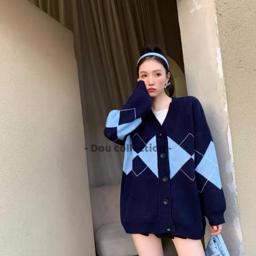 Áo Khoác Cardigan Form Rộng Họa Tiết Hình Thoi, Áo Khoác Len Thời Trang Thu Đông - Dou Collection - Mã TA024