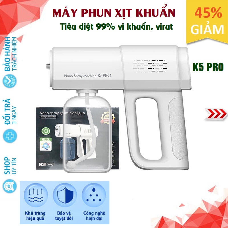 Máy Phun Xịt Khử khuẩn Sát Trùng Nano Cầm Tay K5 Pro Hàng Chuẩn In Laser 8 Mắt UV, phun xa 1.5m Loại Mới