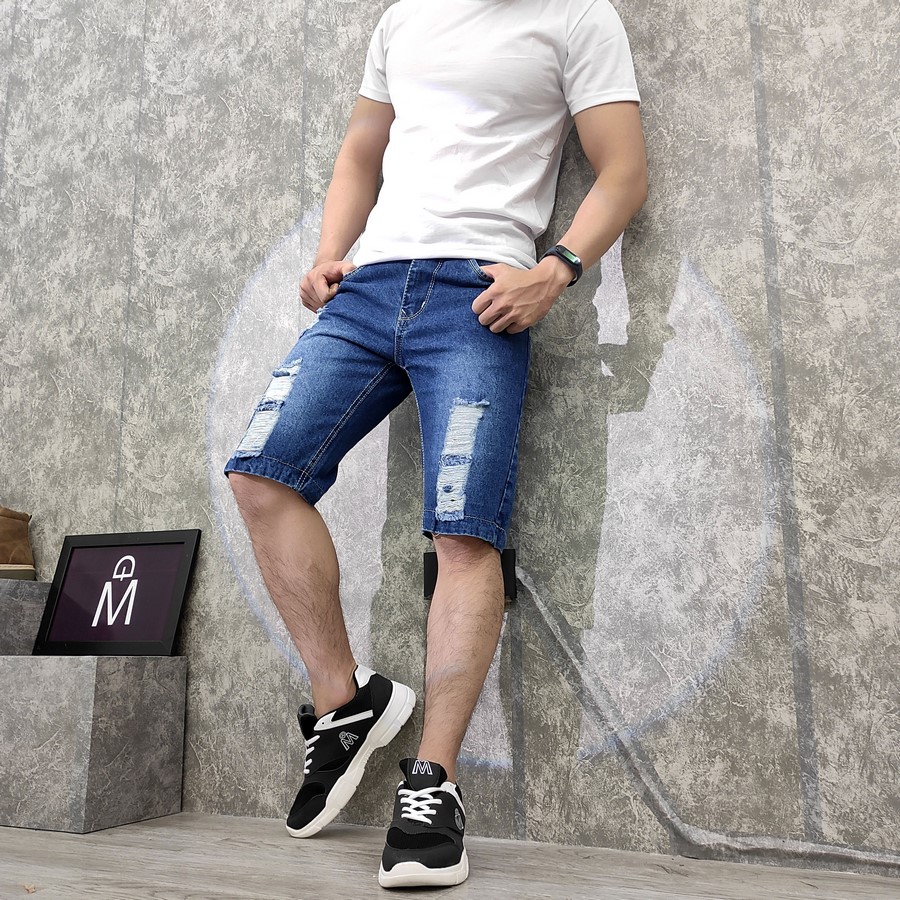 Quần short jeans nam xanh rách vải dày Q418 MĐ