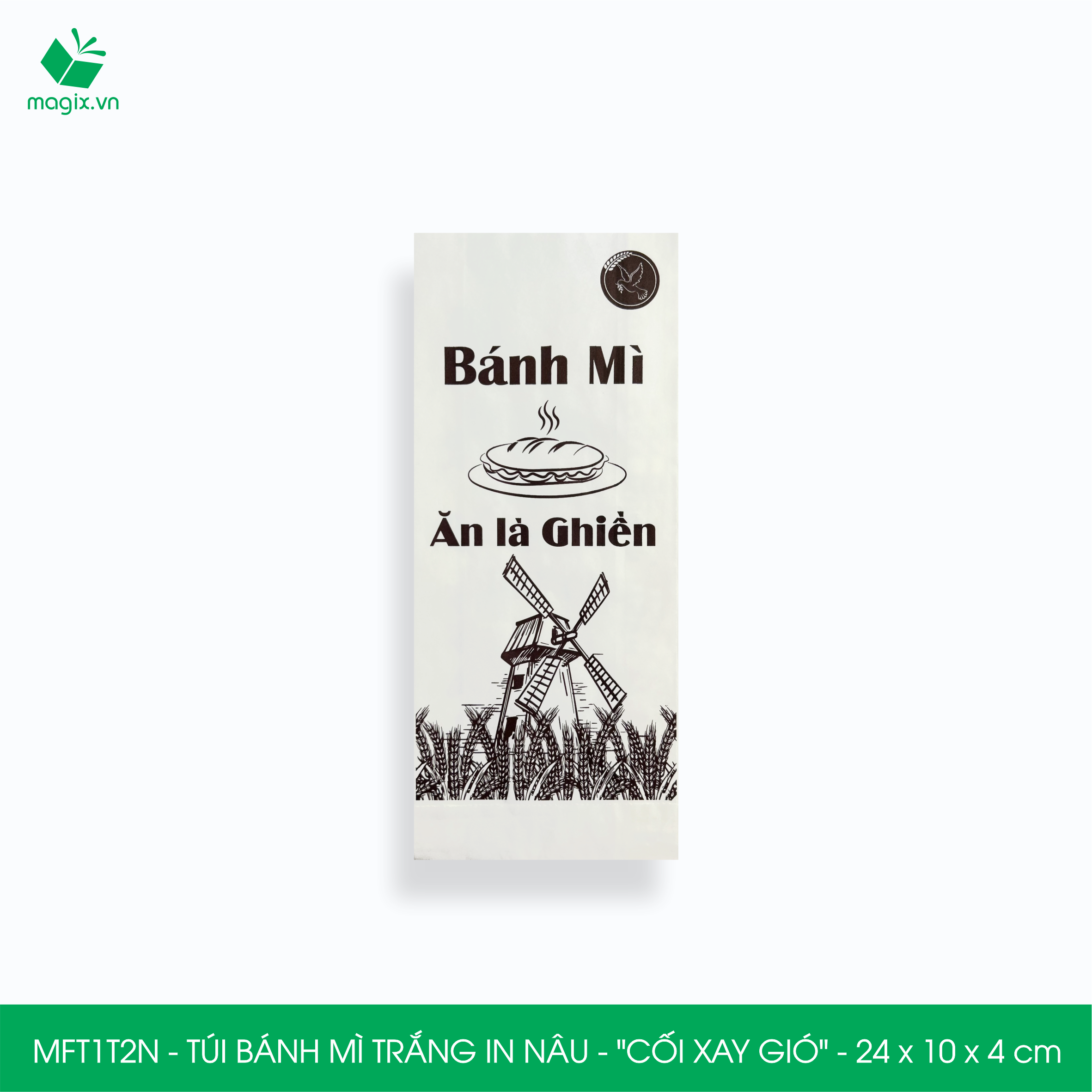 MFT1T2N - 24x10x4 cm - 100 Túi bánh mì Trắng, in sẵn họa tiết CỐI XAY GIÓ - Bao bánh mì Túi giấy thực phẩm an toàn