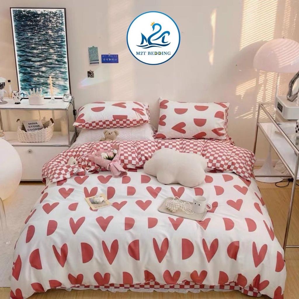 Bộ chăn ga gối Cotton poly M2T bedding gồm vỏ chăn mền, drap ga giường và 2 vỏ gối nằm - PL Tim khuyết đỏ